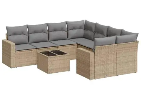 Set canapele de grădină, 9 piese, cu perne, bej, poliratan - 2/3