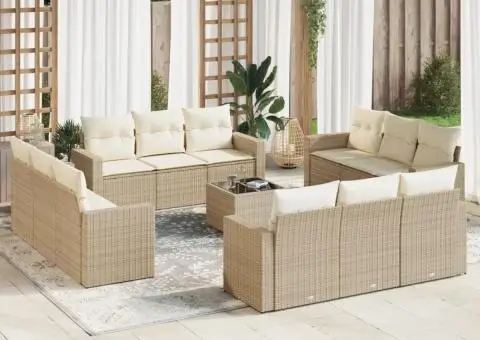 Set canapele de grădină, 13 piese, cu perne, bej, poliratan - 1/3