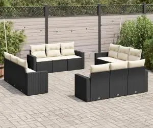 vidaXL Set canapele de grădină, 12 piese, cu perne, negru, poliratan