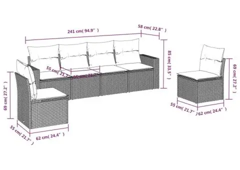 Set mobilier de grădină cu perne, 6 piese, negru, poliratan - 3/3