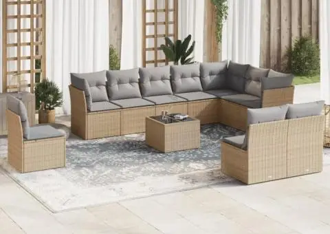 Set canapele de grădină cu perne, 11 piese, bej, poliratan - 1/3