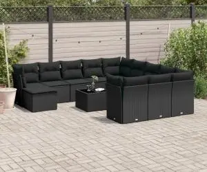vidaXL Set mobilier de grădină cu perne, 13 piese, negru, poliratan