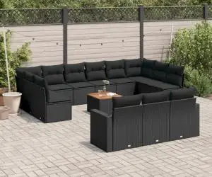 vidaXL Set mobilier de grădină cu perne, 14 piese, negru, poliratan