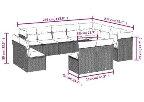 Set mobilier de grădină cu perne, 12 piese, gri, poliratan - 3/3