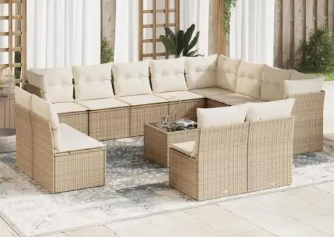 Set canapele de grădină, 13 piese, cu perne, bej, poliratan - 1/3