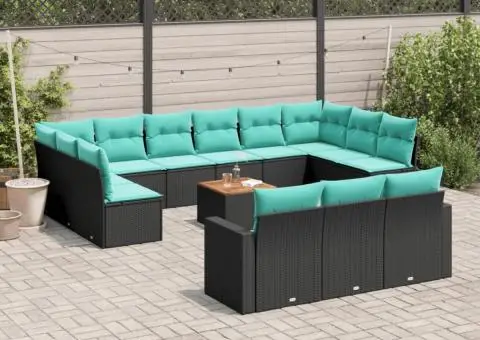 Set mobilier de grădină cu perne, 14 piese, negru, poliratan - 1/3