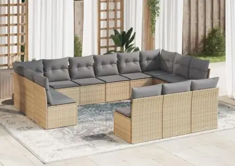 Set canapele de grădină, 13 piese, cu perne, bej, poliratan - 1/3