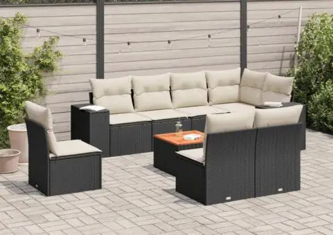 Set mobilier de grădină cu perne, 9 piese, negru, poliratan - 1/3