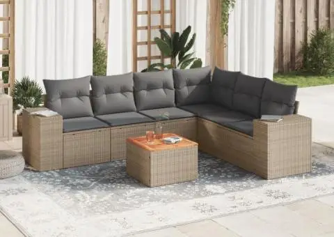 Set canapele de grădină, 7 piese, cu perne, bej, poliratan - 1/3