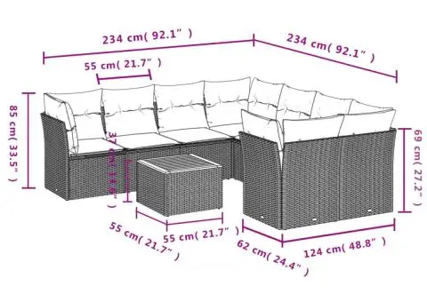 Set canapele de grădină, 9 piese, cu perne, bej, poliratan - 3/3