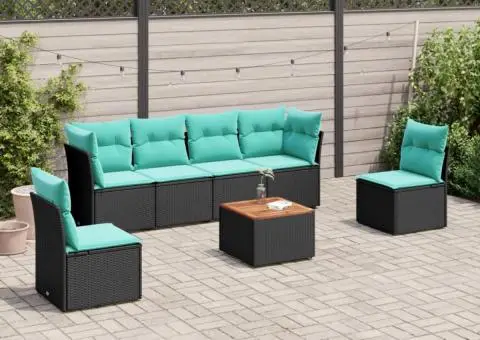 Set canapele de grădină cu perne, 7 piese, negru, poliratan - 1/3