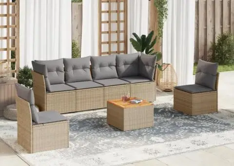 Set canapele de grădină, 7 piese, cu perne, bej, poliratan - 1/3