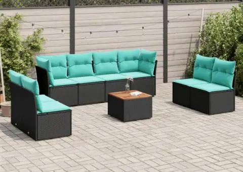 Set mobilier de grădină cu perne, 9 piese, negru, poliratan - 1/3