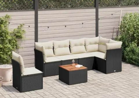 Set canapele de grădină cu perne, 7 piese, negru, poliratan - 1/3