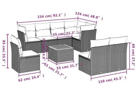 Set canapele de grădină, 9 piese, cu perne, gri, poliratan - 3/3