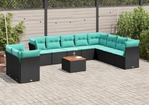 Set canapele de grădină cu perne, 11 piese, negru, poliratan - 1/3