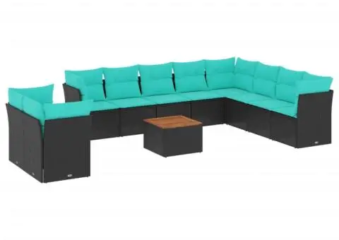 Set canapele de grădină cu perne, 11 piese, negru, poliratan - 2/3