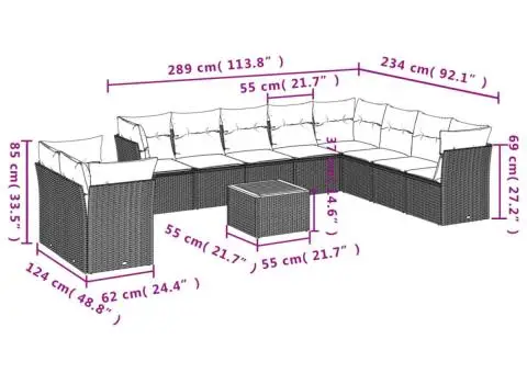 Set canapele de grădină cu perne, 11 piese, negru, poliratan - 3/3