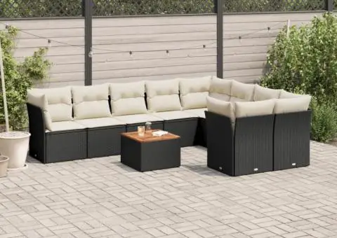 Set canapele de grădină cu perne, 10 piese, negru, poliratan - 1/3