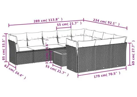 Set canapele de grădină cu perne, 11 piese, negru, poliratan - 3/3