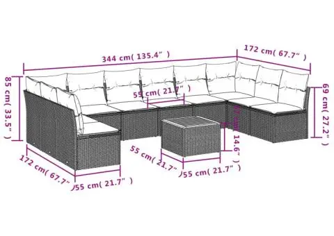 Set canapele de grădină cu perne, 11 piese, gri, poliratan - 3/3