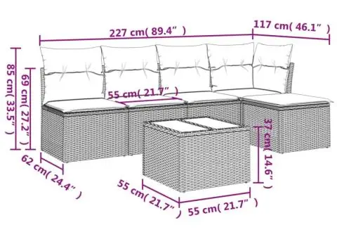 Set canapele de grădină cu perne, 6 piese, maro, poliratan - 3/3