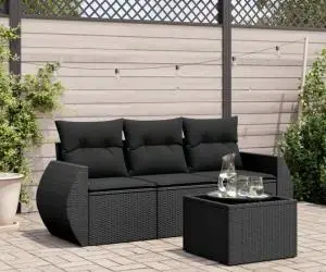 vidaXL Set mobilier de grădină cu perne, 4 piese, negru, poliratan