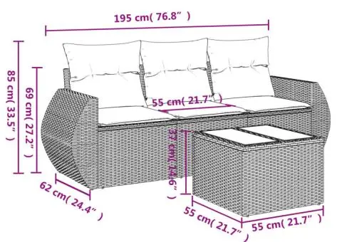 Set mobilier de grădină cu perne, 4 piese, negru, poliratan - 3/3