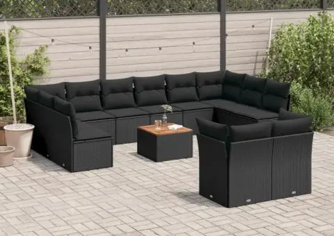 Set mobilier de grădină cu perne, 13 piese, negru, poliratan - 1/3