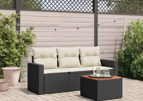 Set mobilier de grădină cu perne, 4 piese, negru, poliratan - 1/3