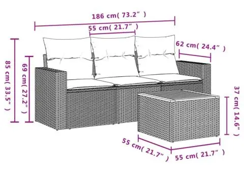 Set mobilier de grădină cu perne, 4 piese, negru, poliratan - 3/3