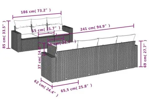 Set mobilier de grădină cu perne, 8 piese, negru, poliratan - 3/3