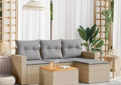 Set canapele de grădină cu perne, 5 piese, bej, poliratan - 1/3