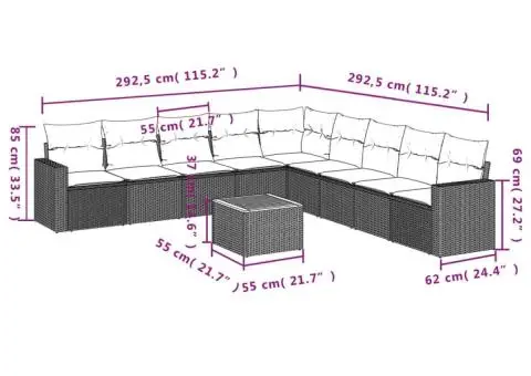 Set canapele de grădină cu perne, 10 piese, bej, poliratan - 3/3