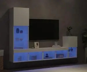 vidaXL Unități de perete TV cu LED-uri, 4 piese, alb, lemn prelucrat