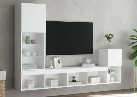 Unități de perete TV cu LED-uri, 4 piese, alb, lemn prelucrat - 4/5