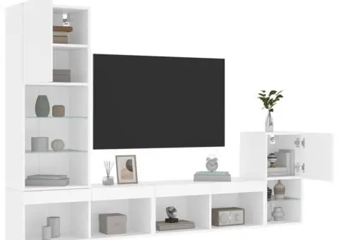 Unități de perete TV cu LED-uri, 4 piese, alb, lemn prelucrat - 5/5