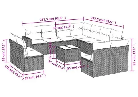 Set canapea de grădină cu perne, 12 piese, gri, poliratan - 3/3