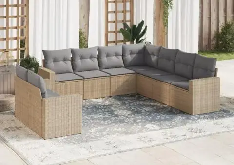 Set canapele de grădină, 9 piese, cu perne, bej, poliratan - 1/3