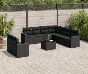 vidaXL Set canapele de grădină cu perne, 10 piese, negru, poliratan