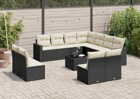 Set canapele de grădină, 12 piese, cu perne, negru, poliratan - 1/3