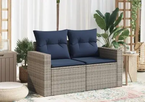 Canapea de grădină cu perne, 2 locuri, gri, poliratan - 3/5