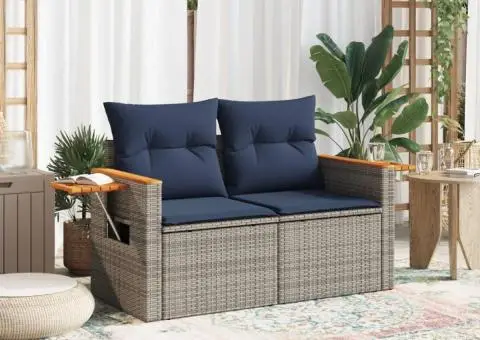 Canapea de grădină cu perne, 2 locuri, gri, poliratan - 3/5