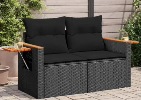 Canapea de grădină cu perne, 2 locuri, negru, poliratan - 1/5