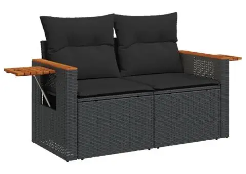 Canapea de grădină cu perne, 2 locuri, negru, poliratan - 2/5