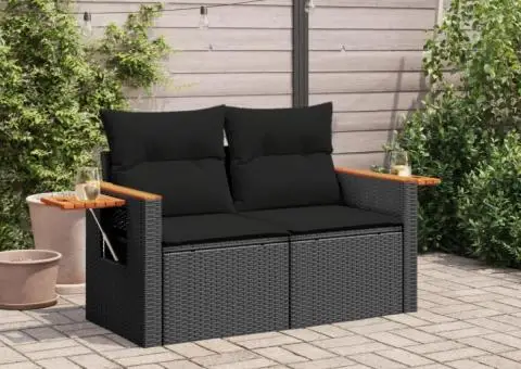 Canapea de grădină cu perne, 2 locuri, negru, poliratan - 3/5