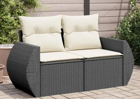 Canapea de grădină cu perne, 2 locuri, negru, poliratan - 1/5