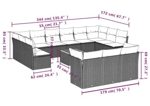 Set canapele de grădină, 14 piese, cu perne, bej, poliratan - 3/3