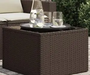 vidaXL Masă de grădină, blat din sticlă, maro, 55x55x37 cm, poliratan