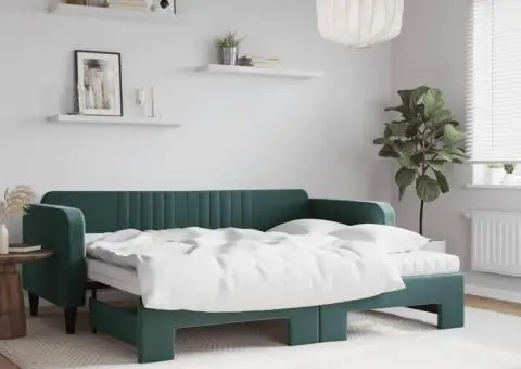 Pat de zi cu extensie și saltele verde închis 90x200 cm catifea - 1/5